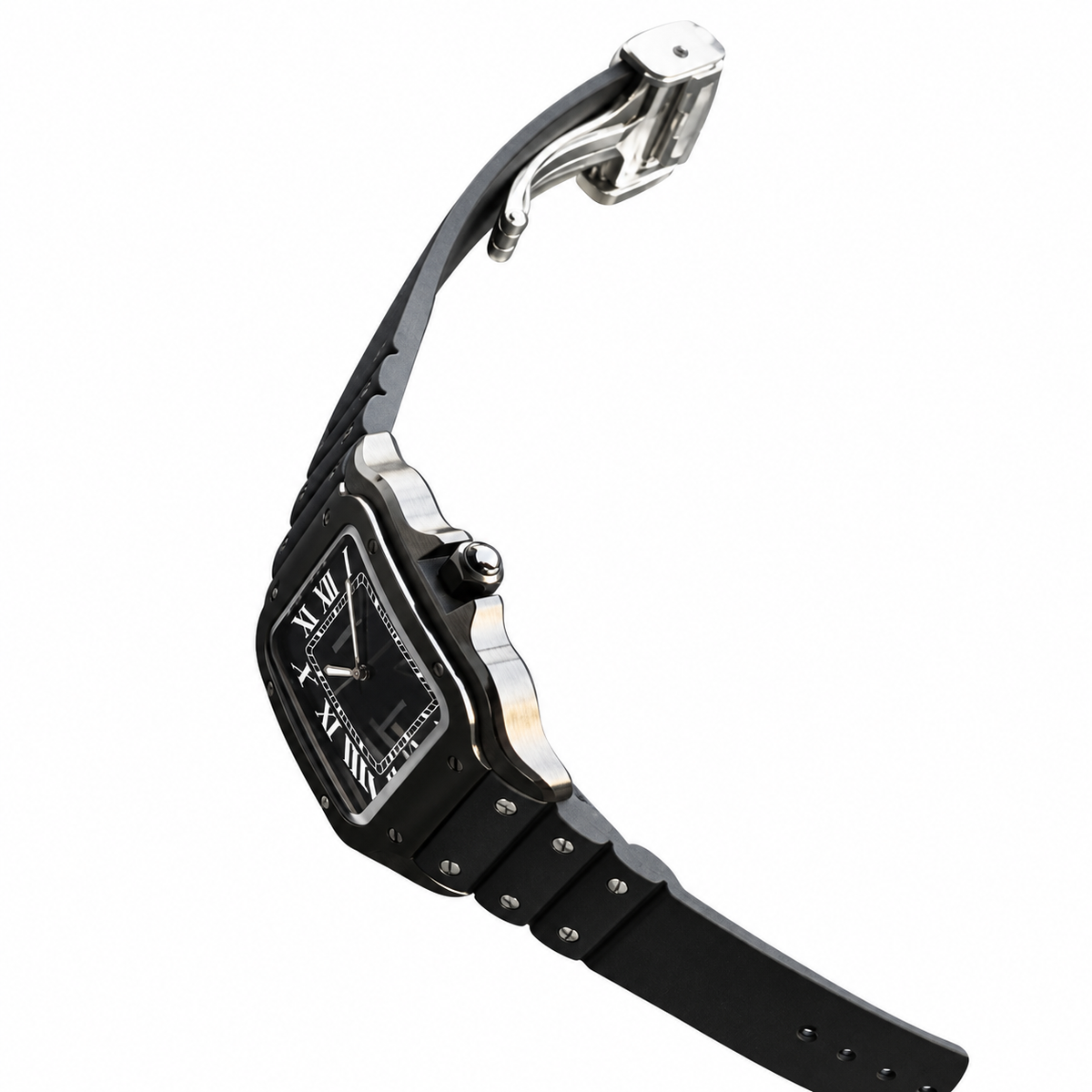 Cartier Santos de Cartier Large — Full Black ADLC, Black Dial, Roman Numerals & Black Rubber Strap, Automatic