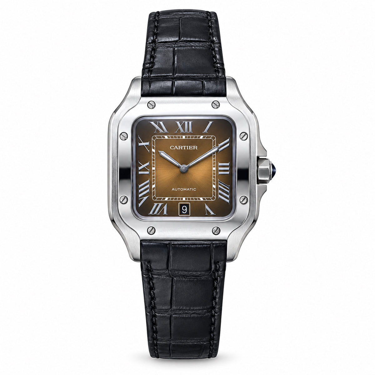 Cartier Santos de Cartier Automatic — Steel, Smoked Brown Dial & Black Alligator Strap, Large