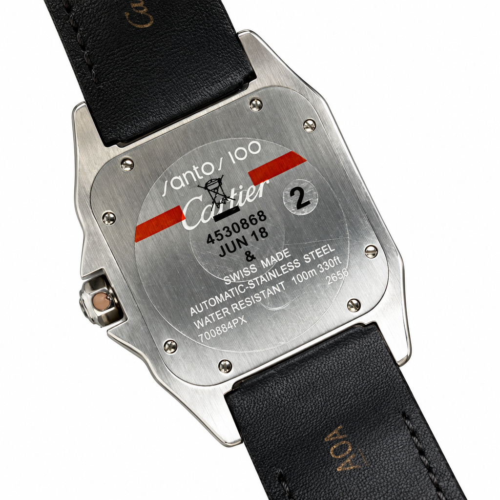 Cartier Santos — 18K White Gold, Full Diamond Case, Panthère Dial, Mother-of-Pearl & Black Alligator Strap, Quartz