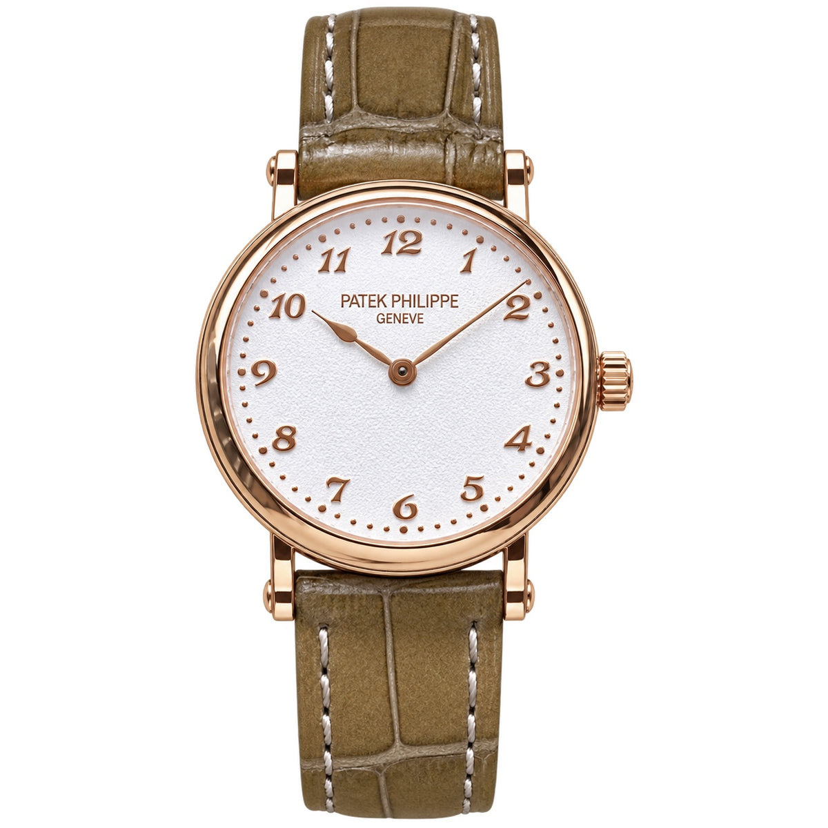 Patek Philippe Calatrava — 18K Rose Gold, Frosted White Dial & Olive Alligator Strap