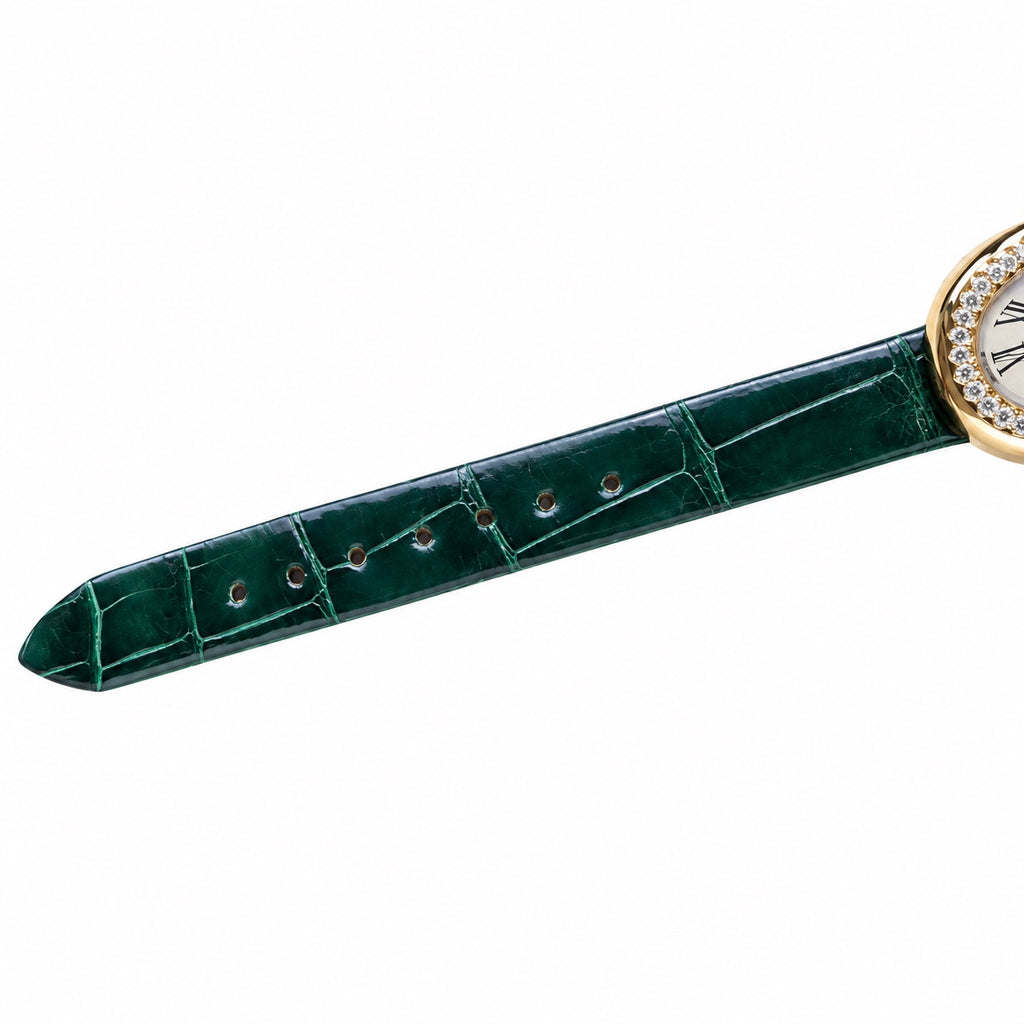 Cartier Baignoire Yellow Gold Diamond Bezel Ivory Dial Green Strap Watch – KDY