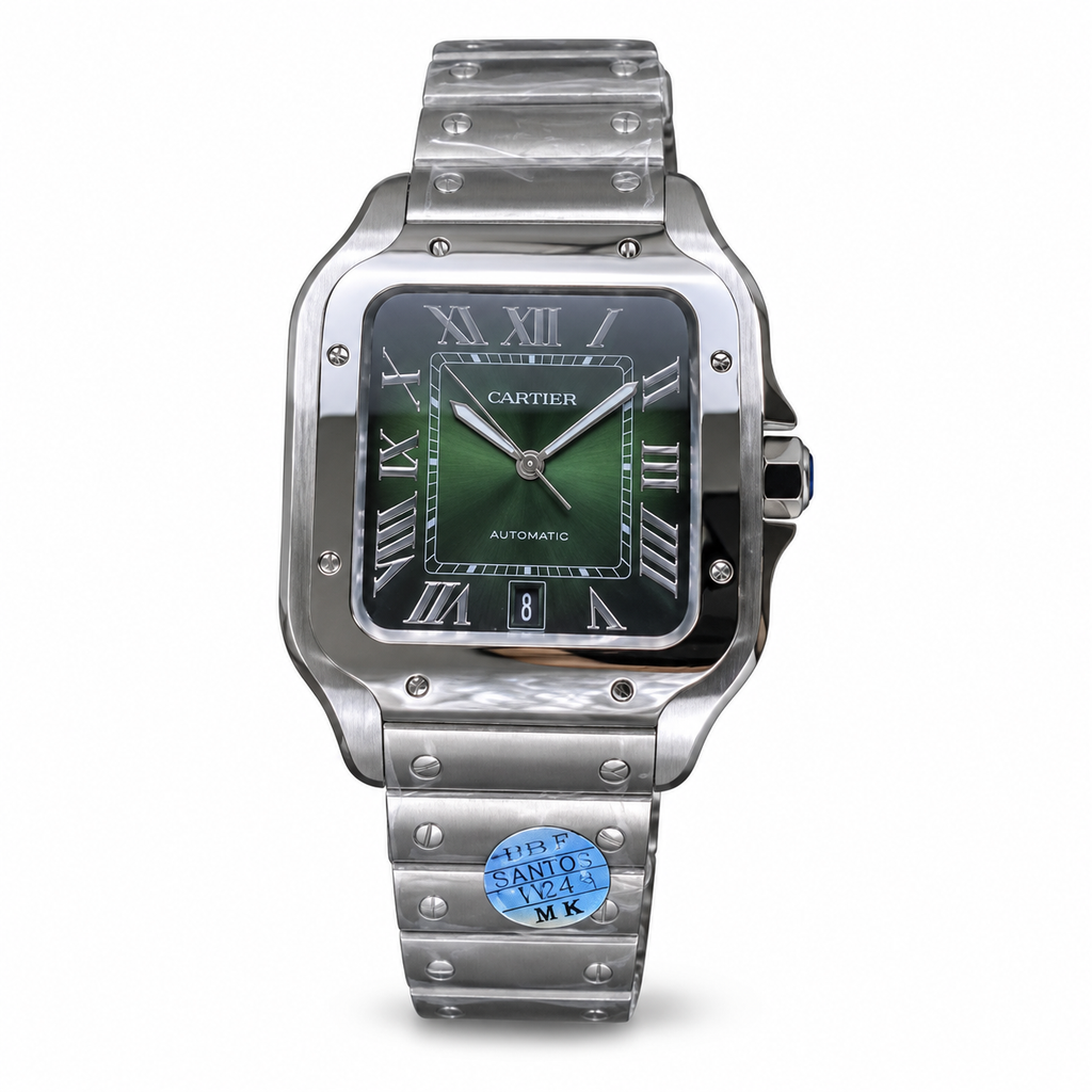 Cartier Santos Large — Steel, Green Sunray Dial, Roman Numerals, Date & Steel Bracelet, Automatic