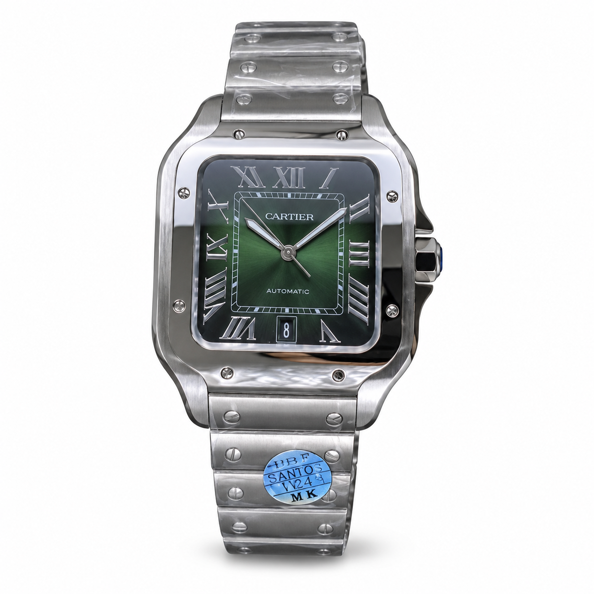 Cartier Santos Large — Steel, Green Sunray Dial, Roman Numerals, Date & Steel Bracelet, Automatic
