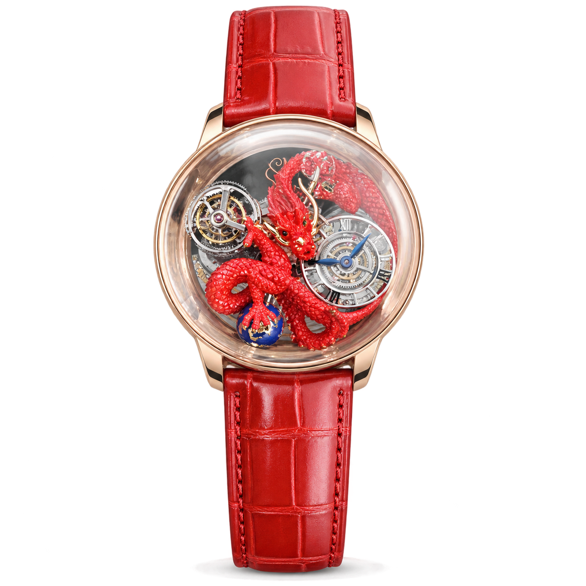 Jacob & Co. Astronomia Art 18K Rose Gold Hand-Sculpted Red Lacquered 3D Dragon Flying Tourbillon Blue Enamel Orb Roman Numeral Subdial Red Alligator Leather Watch