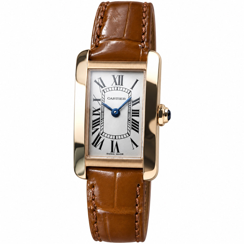 Cartier Tank Américaine Small — 18K Rose Gold, Silver Dial, Roman Numerals & Brown Alligator Strap, Women