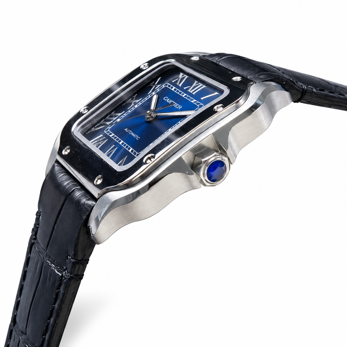 Cartier Santos Large — Steel, Blue Dial, Roman Numerals & Black Alligator Strap, Automatic