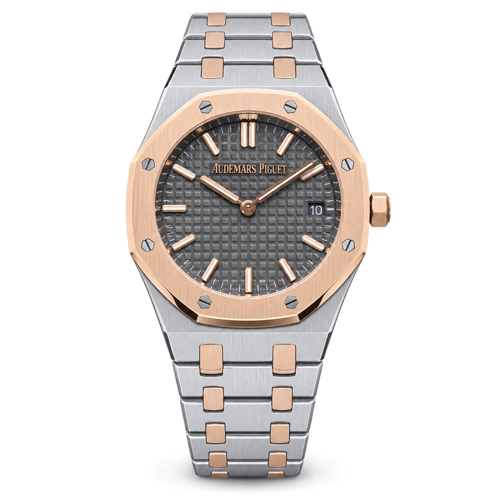 Audemars Piguet Royal Oak Two-Tone Stainless Steel Rose Gold Bezel Grey Grande Tapisserie Dial Two-Tone Integrated Bracelet