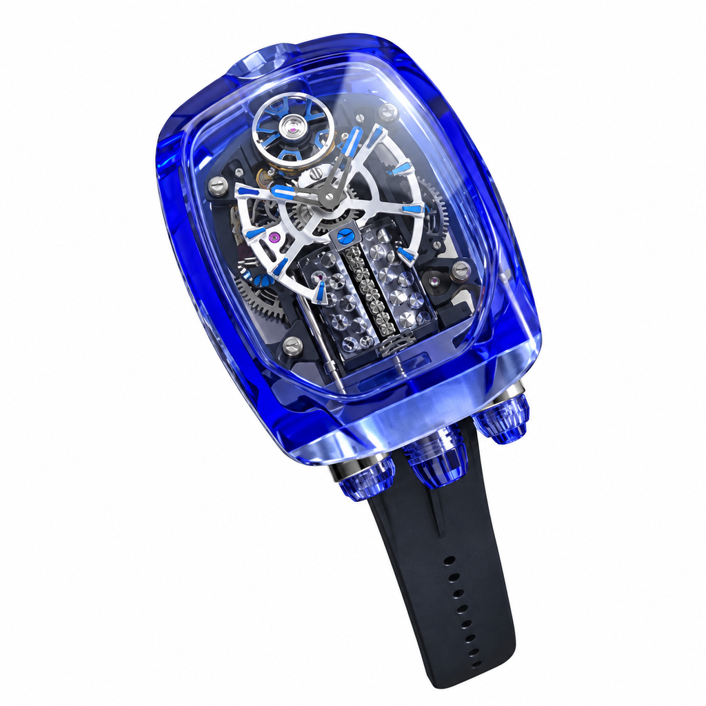 Jacob & Co. x Bugatti Chiron Full Blue Sapphire Tourbillon Engine Black Rubber Watch