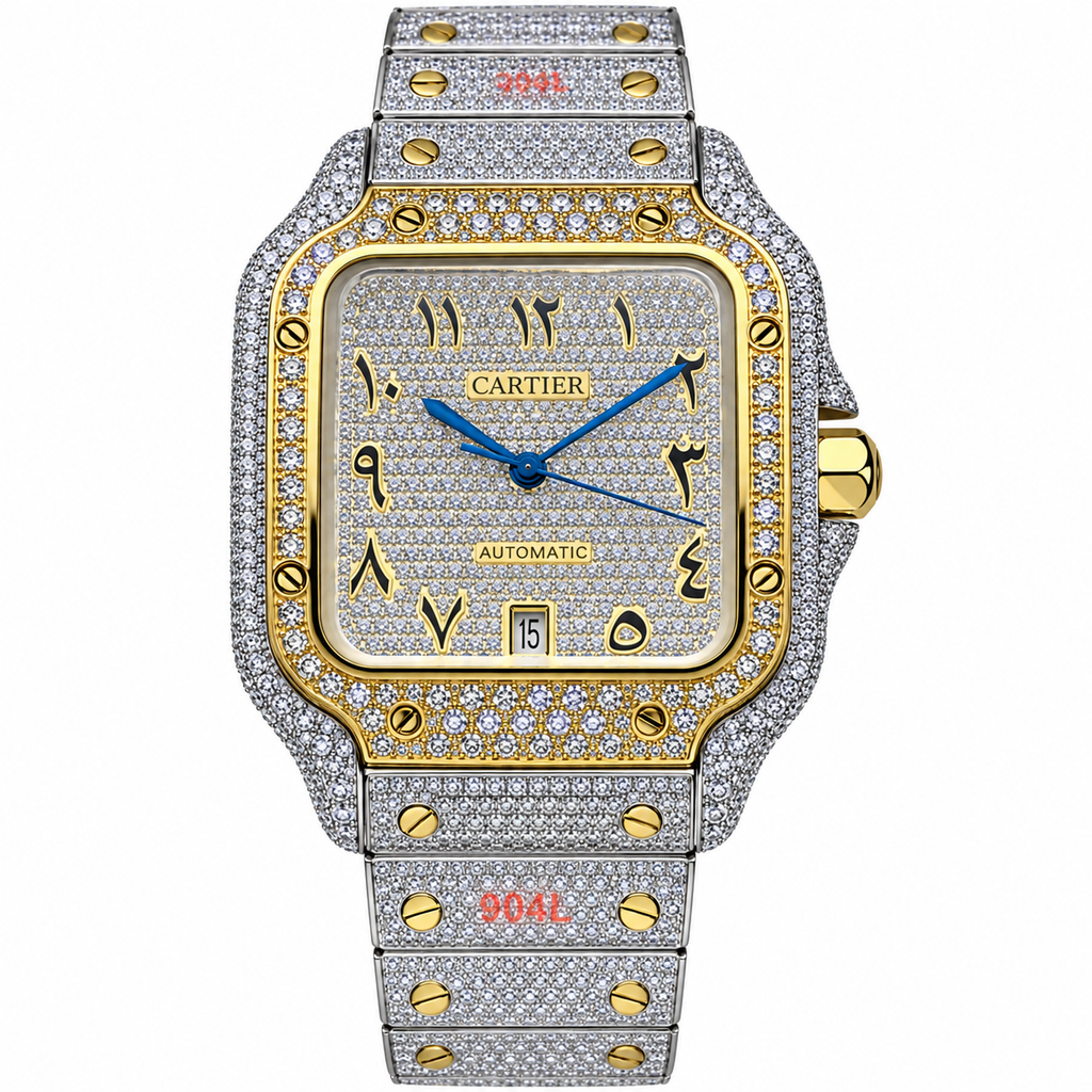 Cartier Santos Automatic — Full Diamond Iced Out, Two-Tone Gold & Steel