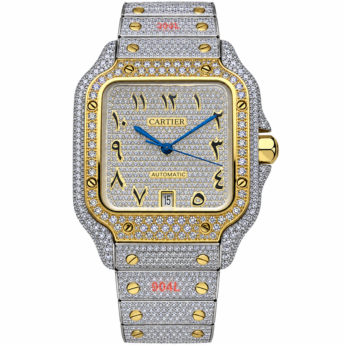 Cartier Santos Automatic — Full Diamond Iced Out, Two-Tone Gold & Steel