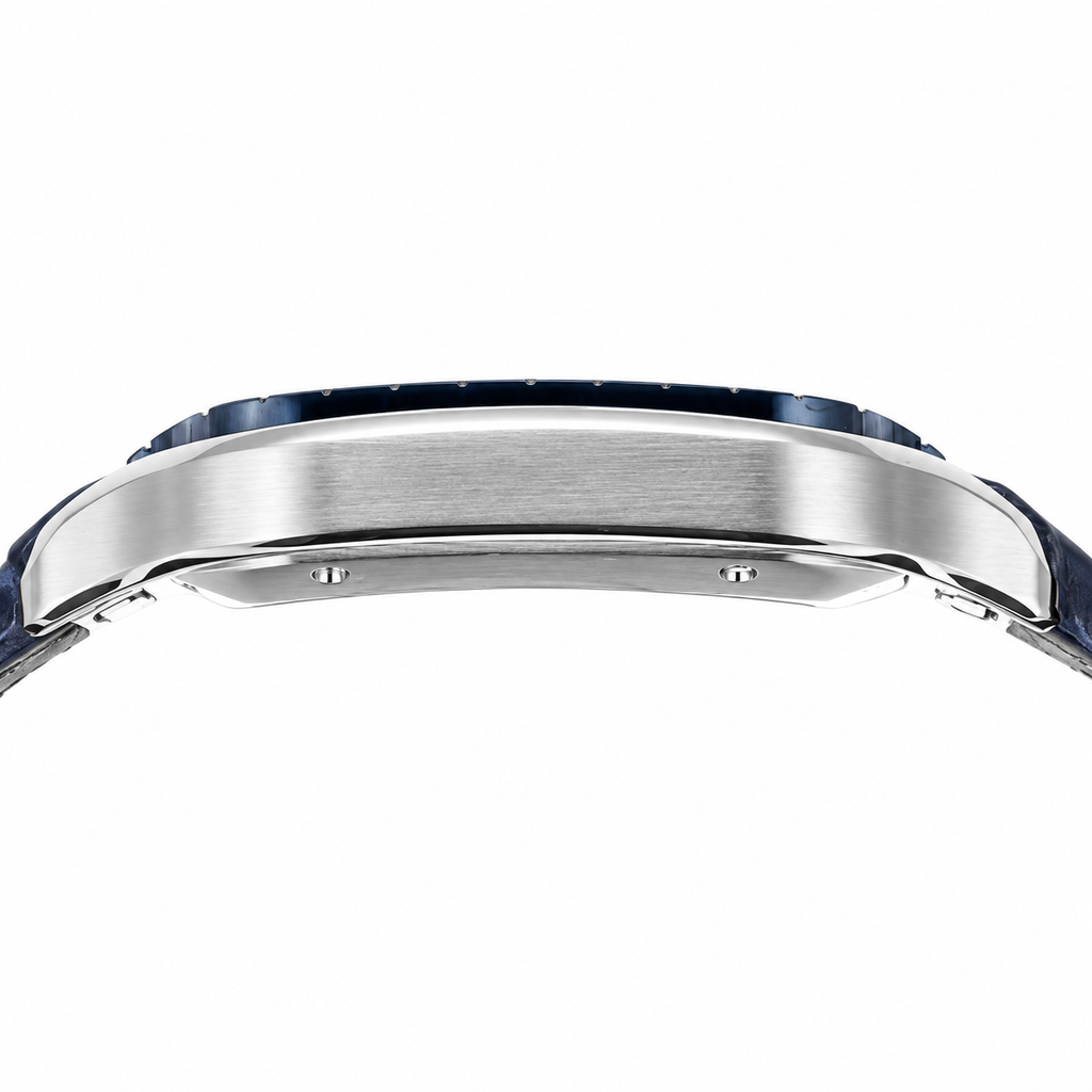 Cartier Santos de Cartier Automatic — Blue ADLC Bezel, Silver Dial & Blue Leather Strap