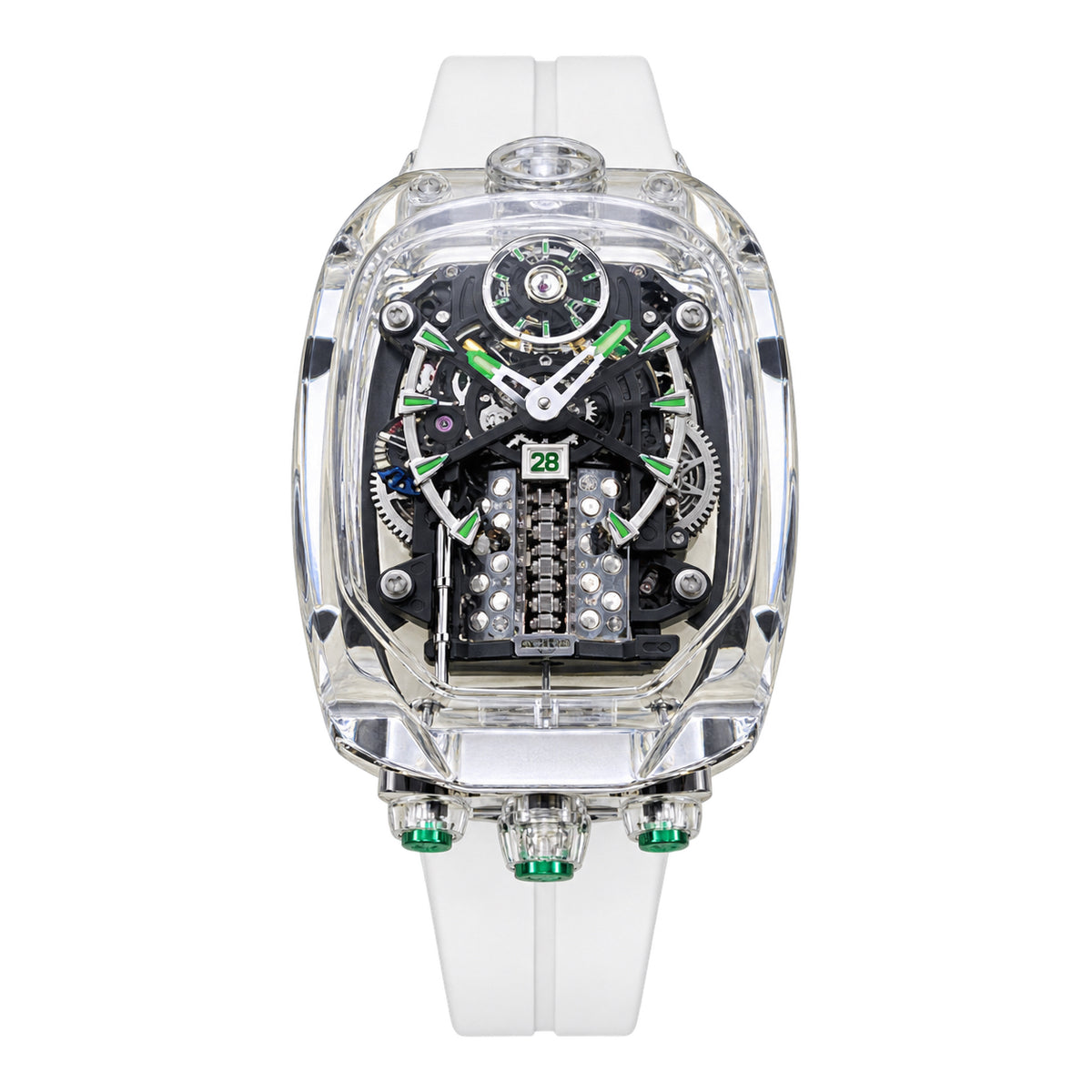 Jacob & Co. x Bugatti Chiron Clear Sapphire Crystal 16-Cylinder Engine Tourbillon Green Accents White Rubber Sport Watch
