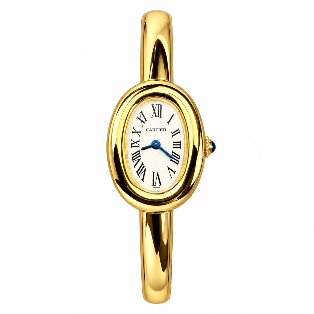 Cartier Baignoire Mini — 18K Yellow Gold, White Dial, Roman Numerals & Gold Bangle, Women