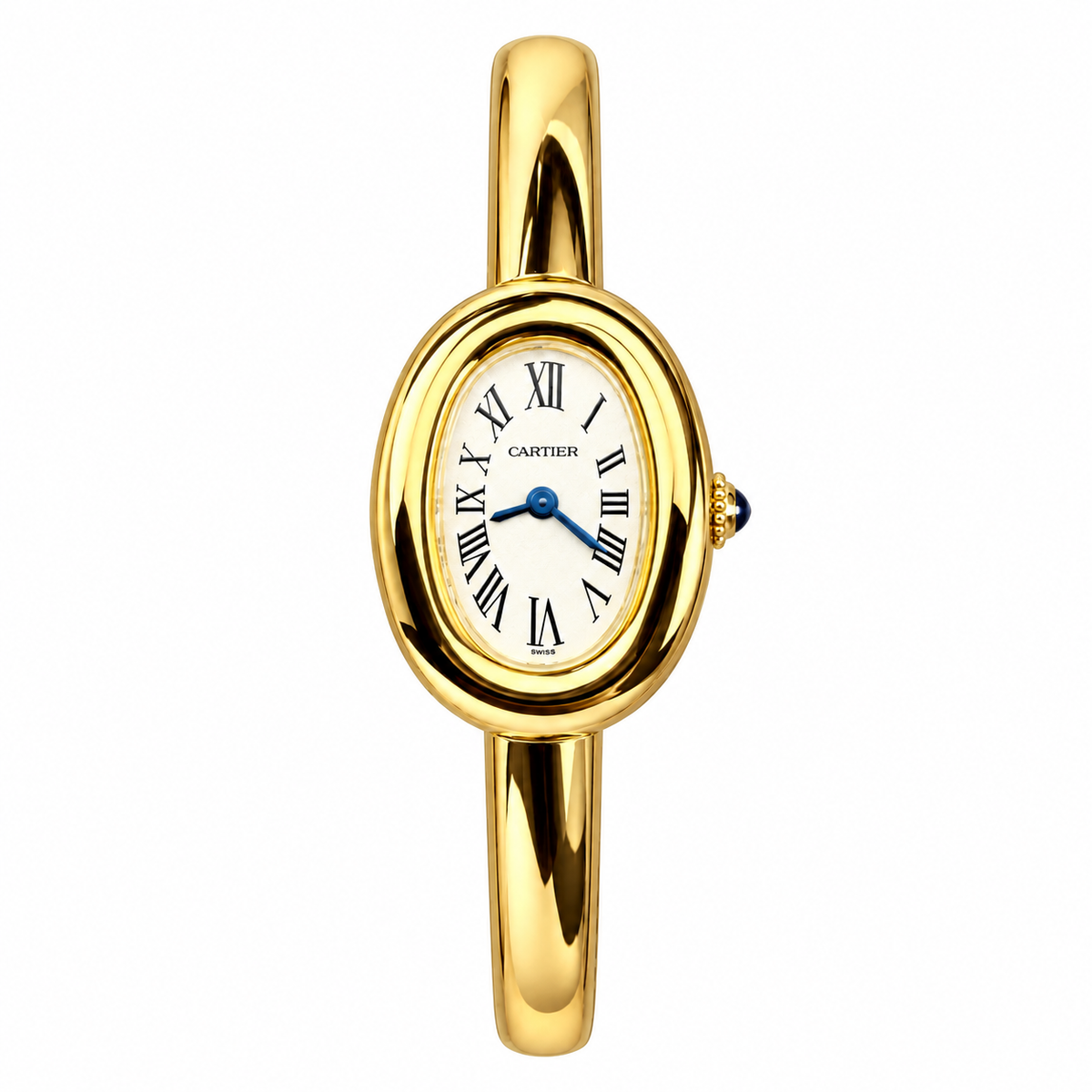 Cartier Baignoire Mini — 18K Yellow Gold, White Dial, Roman Numerals & Gold Bangle, Women