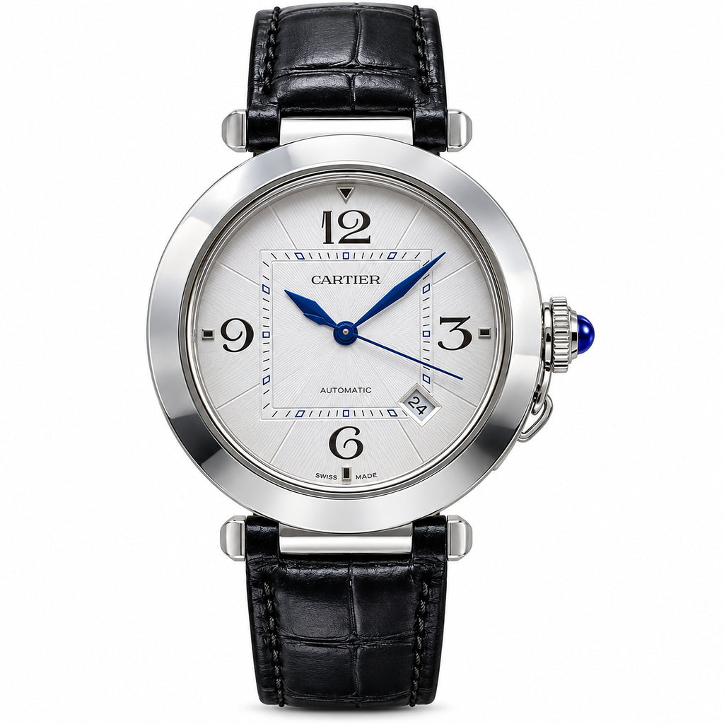 Cartier Pasha de Cartier 41mm — Steel, Silver Dial, Arabic Numerals, Date & Black Alligator Strap, Automatic