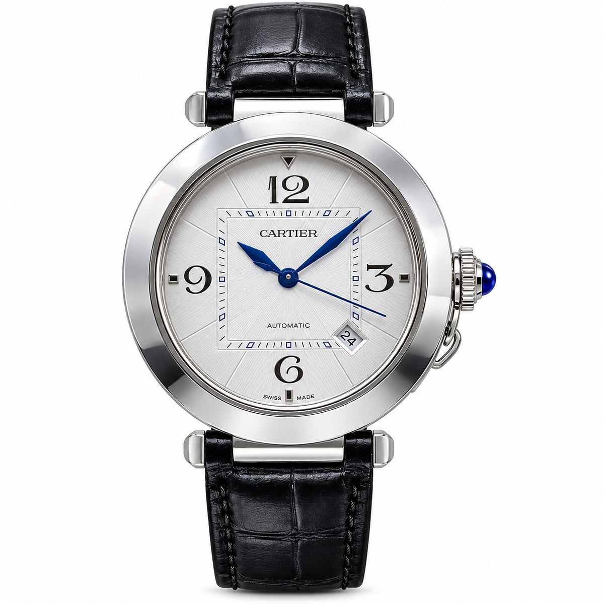 Cartier Pasha de Cartier 41mm — Steel, Silver Dial, Arabic Numerals, Date & Black Alligator Strap, Automatic
