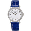 Patek Philippe Calatrava Ref. 7200G — 18K White Gold, Diamond Bezel, White MOP Dial & Blue Alligator Strap, Women