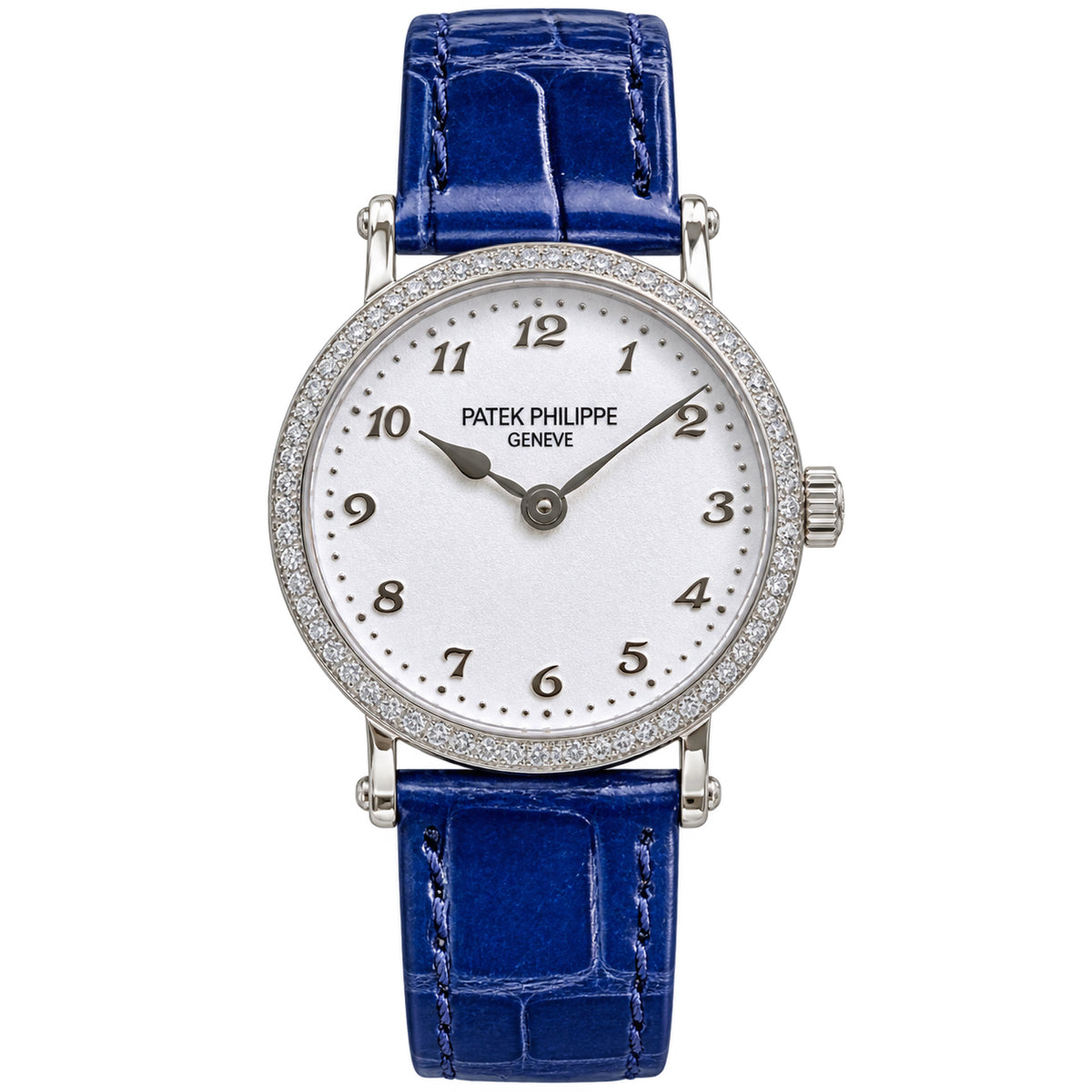 Patek Philippe Calatrava Ref. 7200G — 18K White Gold, Diamond Bezel, White MOP Dial & Blue Alligator Strap, Women