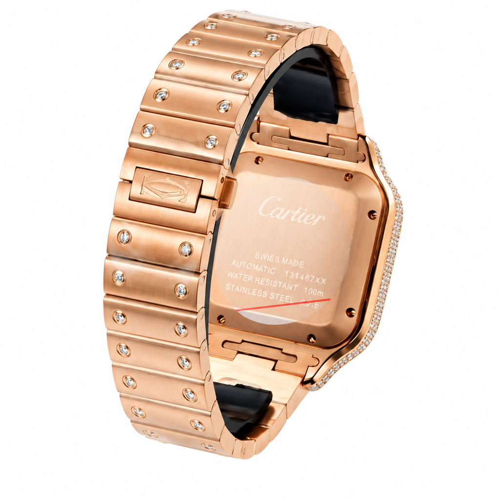 Cartier Santos Large — 18K Rose Gold, Full Diamond Bezel & Lugs, White Dial, Arabic Calligraphy, Date & Rose Gold Bracelet, Automatic