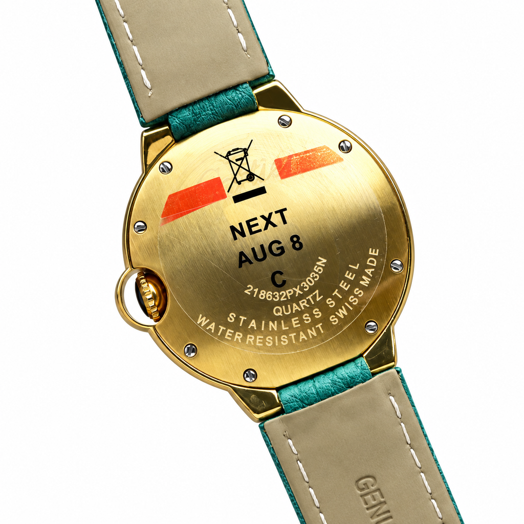 Cartier Ballon Bleu — 18K Yellow Gold, Diamond Bezel, Multicolour Gemstone Dial & Green Leather Strap