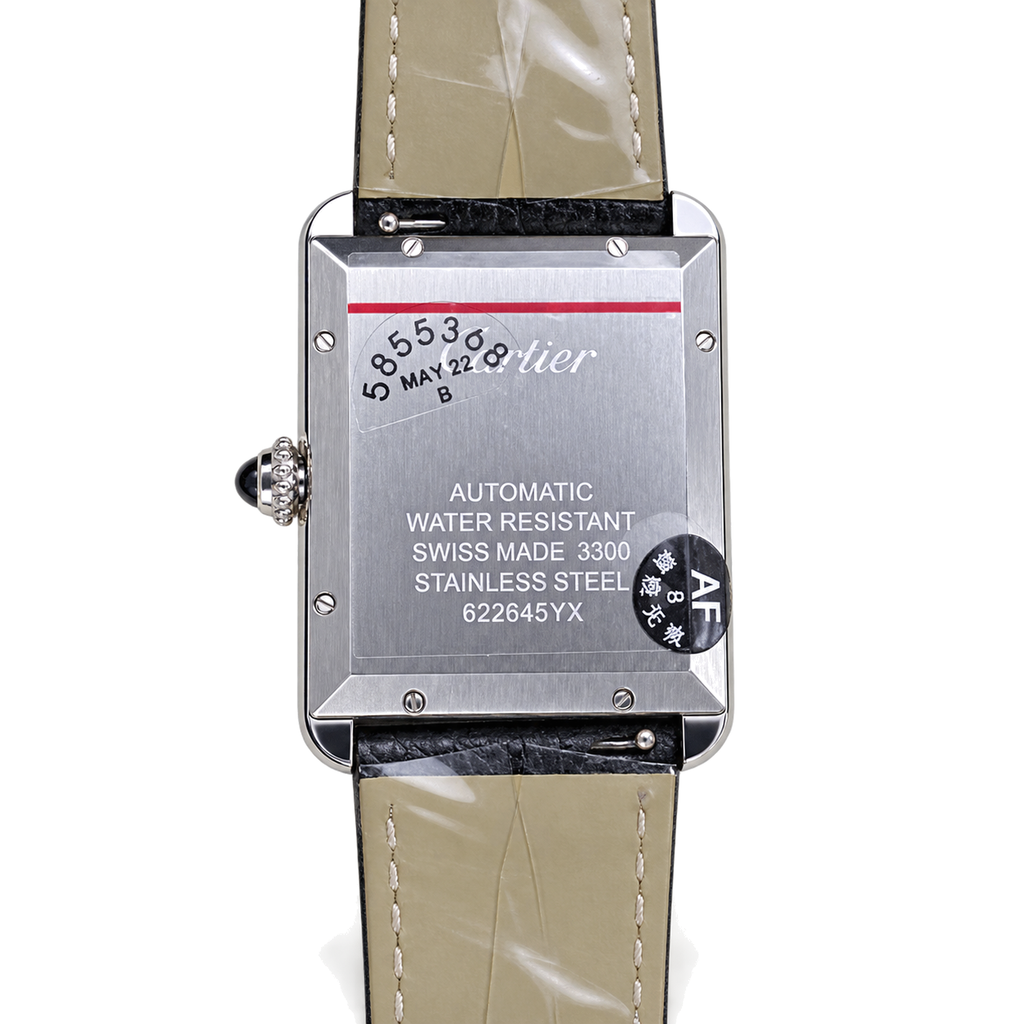 Cartier Tank Solo XL — Steel, White Dial, Roman Numerals, Date & Black Leather Strap, Automatic
