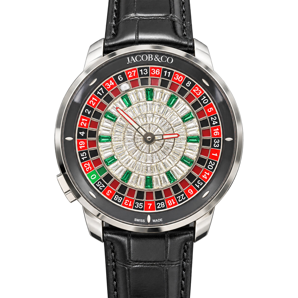 Jacob & Co. Casino Stainless Steel Baguette Diamond Emerald Roulette Black Alligator Watch