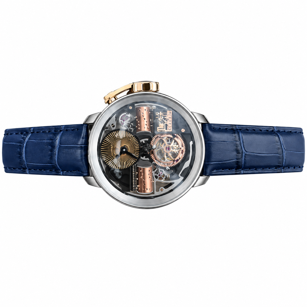Louis Moinet Tourbillon Rose Gold Sunburst Skeleton Blue Leather Watch