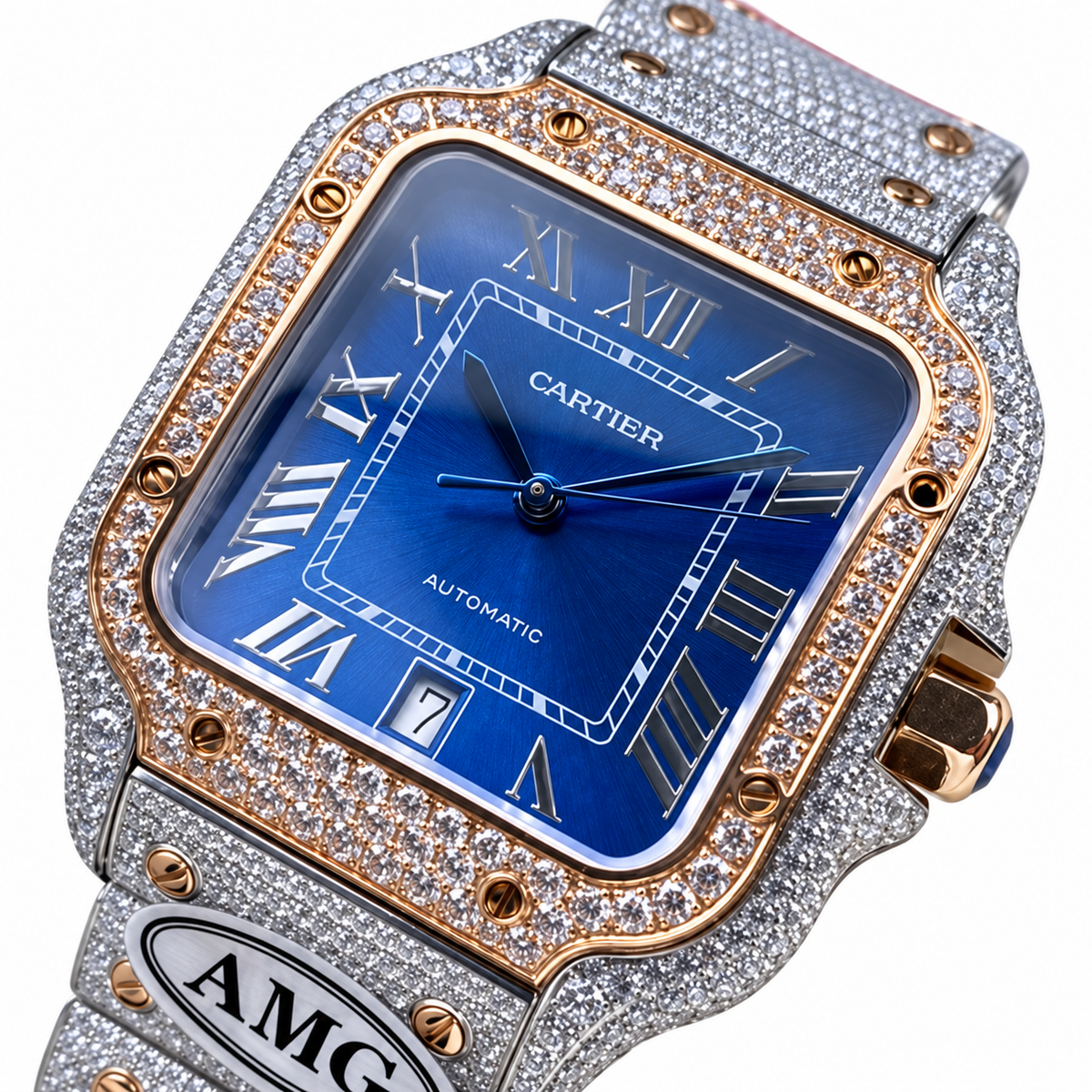 Cartier Santos Automatic — Iced Out Blue Dial, Rose Gold & Steel
