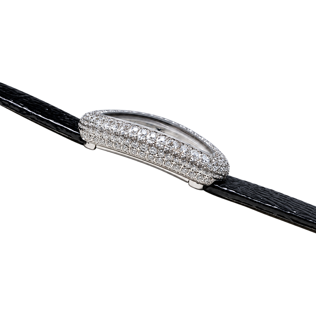 Cartier Baignoire Small — 18K White Gold, Double Diamond Bezel, Cream Oval Dial & Black Stone-Grain Strap, Women