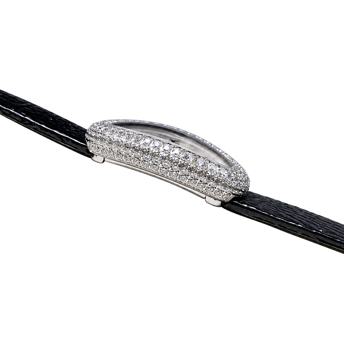 Cartier Baignoire Small — 18K White Gold, Double Diamond Bezel, Cream Oval Dial & Black Stone-Grain Strap, Women