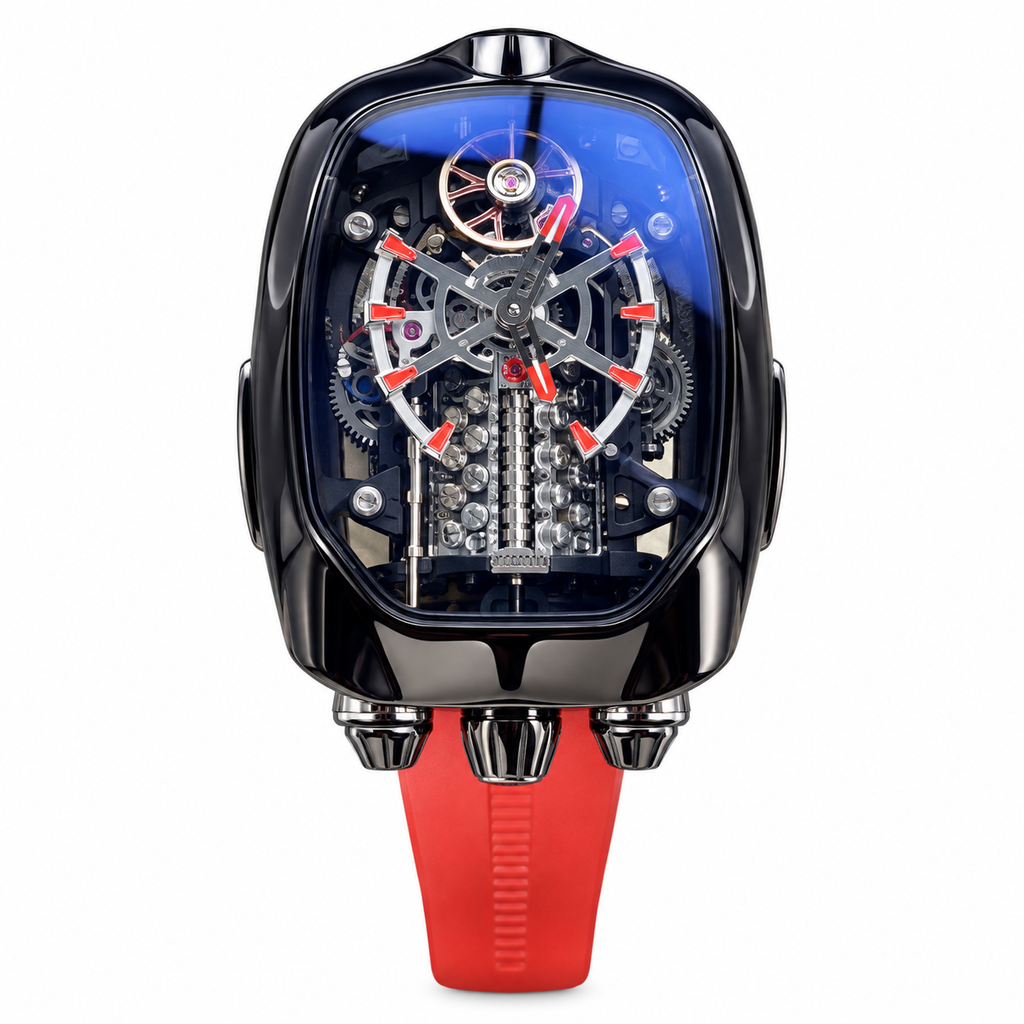 Jacob & Co. x Bugatti Twin Turbo Furious Black DLC Tourbillon Engine Red Rubber Watch
