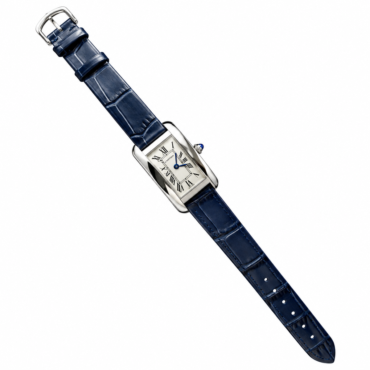 Cartier Tank Américaine Large — 18K White Gold, Silver Dial, Roman Numerals & Navy Alligator Strap, Automatic