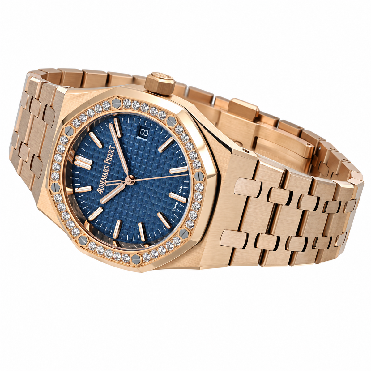 Audemars Piguet Royal Oak Rose Gold Diamond Bezel Blue Tapisserie Date Watch