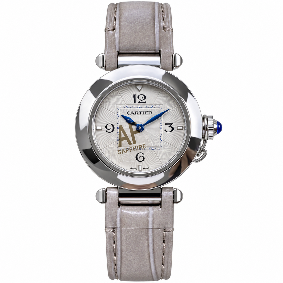 Cartier Pasha de Cartier 35mm — Steel, Silver Dial, Arabic Numerals & Grey Leather Strap, Women