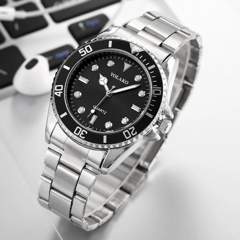 Men's Diver Style Watch – Blue Dial Rotating Bezel Steel Bracelet