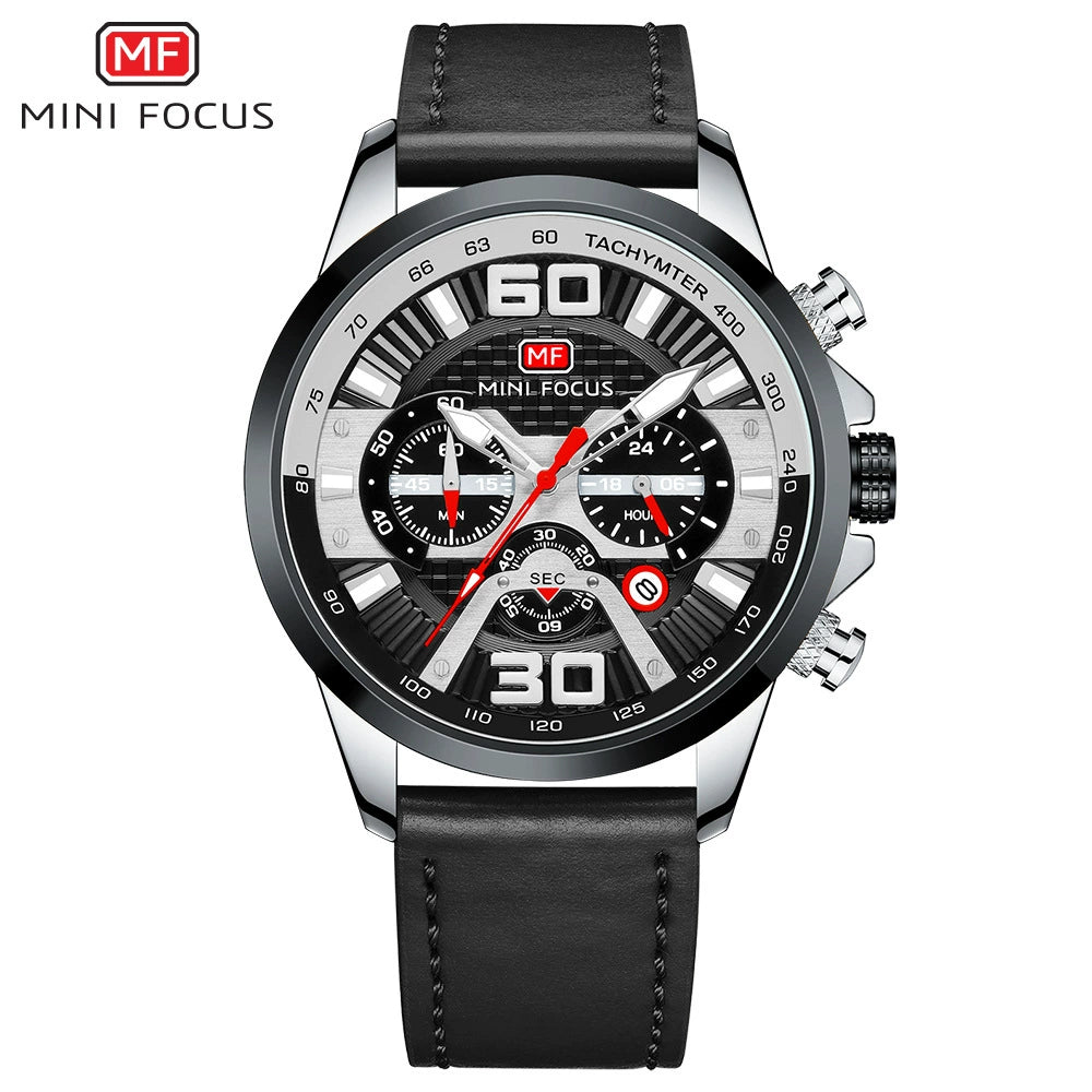 Mini Focus Chronograph — Steel, Tachymeter Bezel, Black Dial & Black Leather Strap, Men