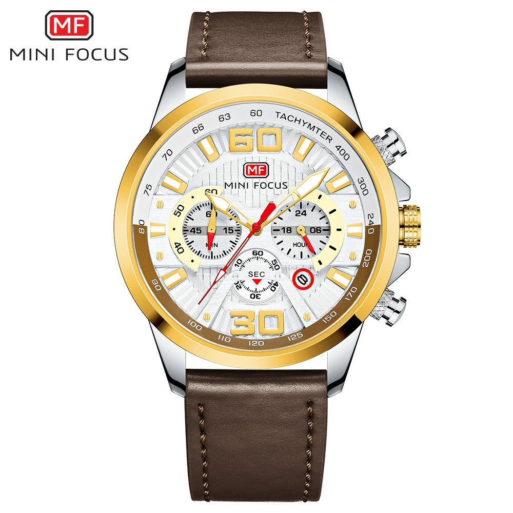 Mini Focus Chronograph — Steel, Tachymeter Bezel, Black Dial & Black Leather Strap, Men