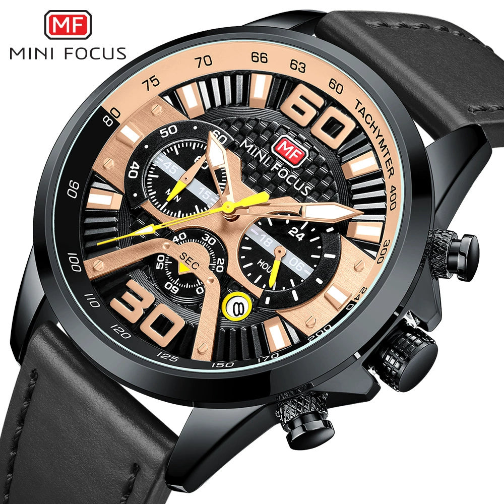 Mini Focus Chronograph — Steel, Tachymeter Bezel, Black Dial & Black Leather Strap, Men