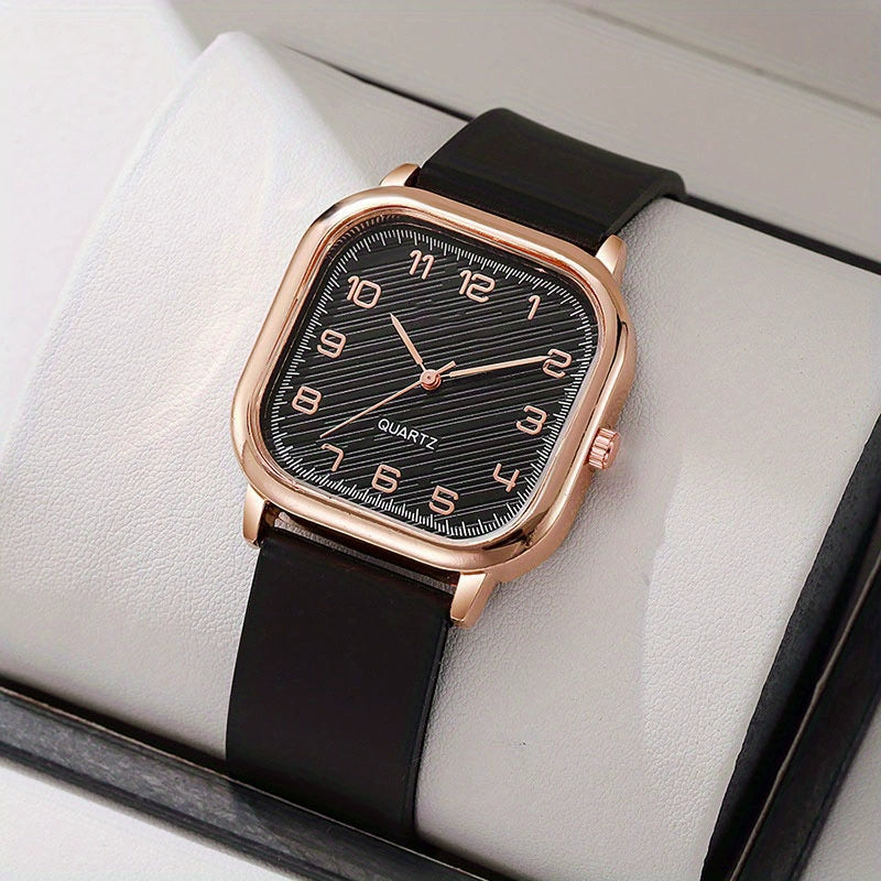 Women's Cushion Watch – Rose Gold Black Dial Minimalist Leather