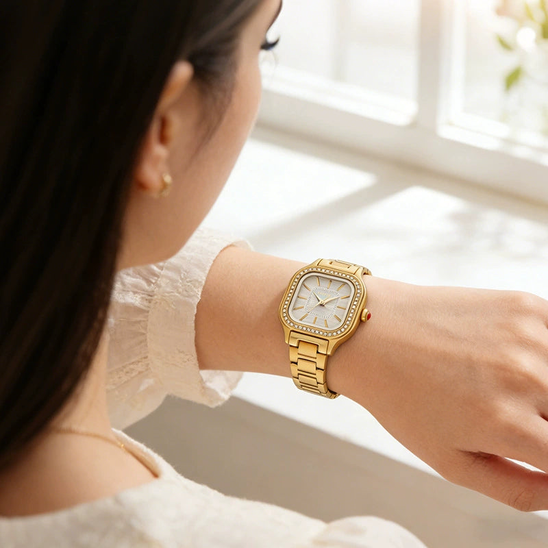 EPOER — Gold-Tone Square Case, Cream Dial, Crystal Markers & Gold Mesh Bracelet, Women
