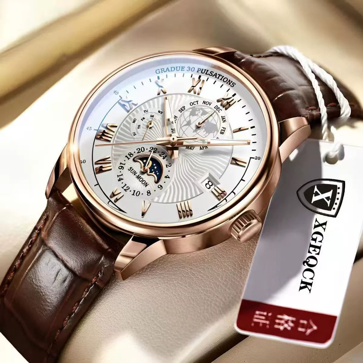 XGEQCK Men's Moon Phase Calendar – Rose Gold Black Dial
