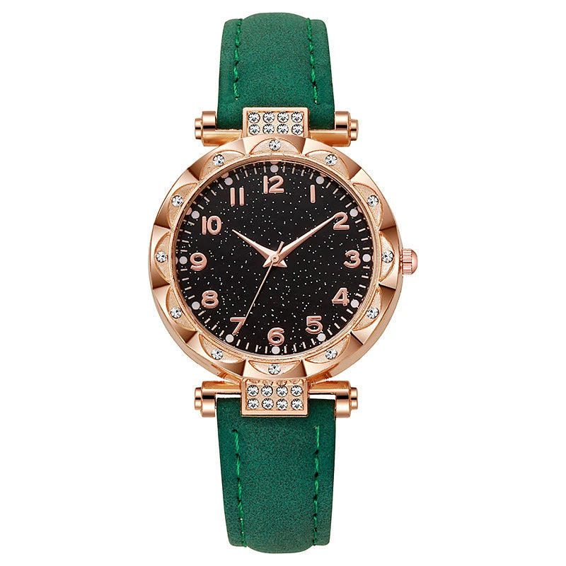 Women's Starry Sky Watch Rose Gold Petal Carved Crystal CZ Bezel Black Glitter Dial Arabic Numerals Green Suede Leather Strap Ladies Quartz