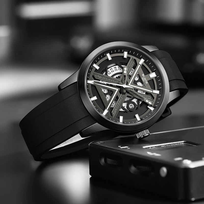 WLISTH 1853 Automatic — Black PVD Steel, X-Bridge Skeleton Dial, Date & Black Rubber Strap, Men