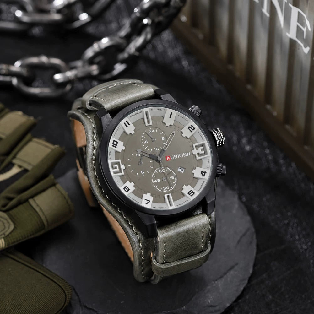 AURIONN Men's Military Chronograph Matte Black Oversized Case Grey Dial White Arabic Numerals Dual Sub-Dials Date Wide Vintage Leather Strap