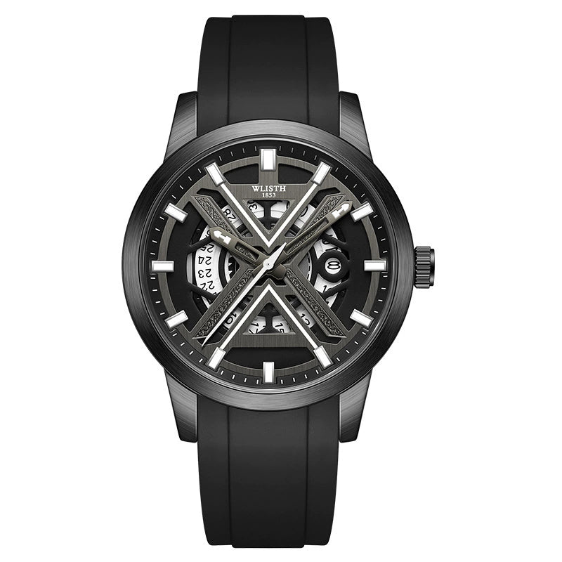 WLISTH 1853 Automatic — Black PVD Steel, X-Bridge Skeleton Dial, Date & Black Rubber Strap, Men