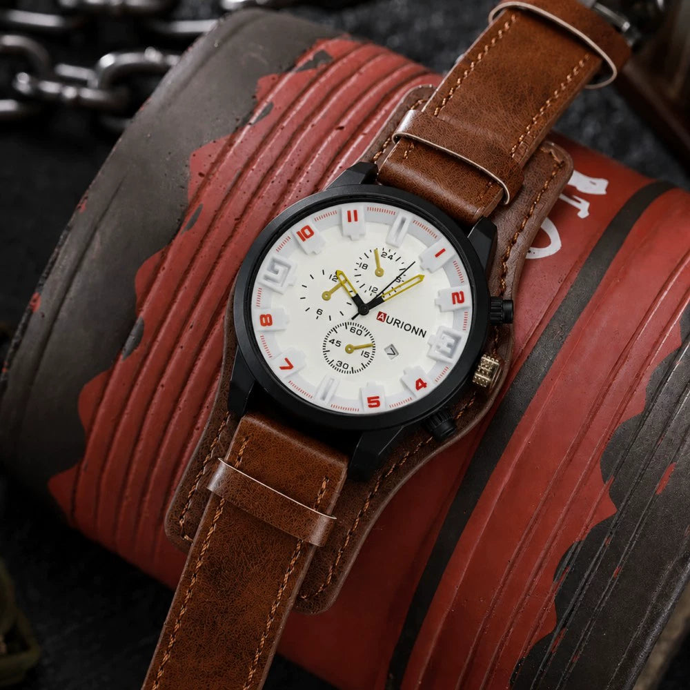 AURIONN Men's Military Chronograph – Grey Dial Wide Leather Strap