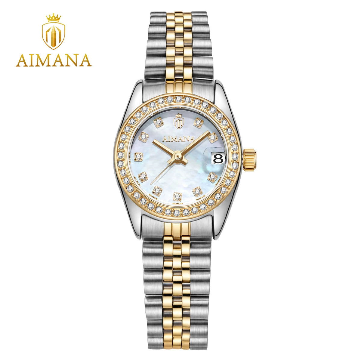 Aimana — Two-Tone Steel & Gold, Diamond Bezel, White MOP Dial & Jubilee Bracelet, Women