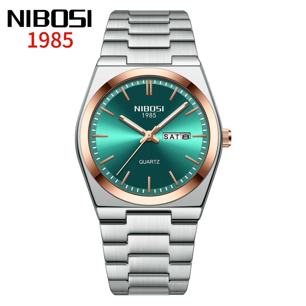 NIBOSI 1985 — Stainless Steel, Blue Sunray Dial, Day-Date & Steel Bracelet, Men