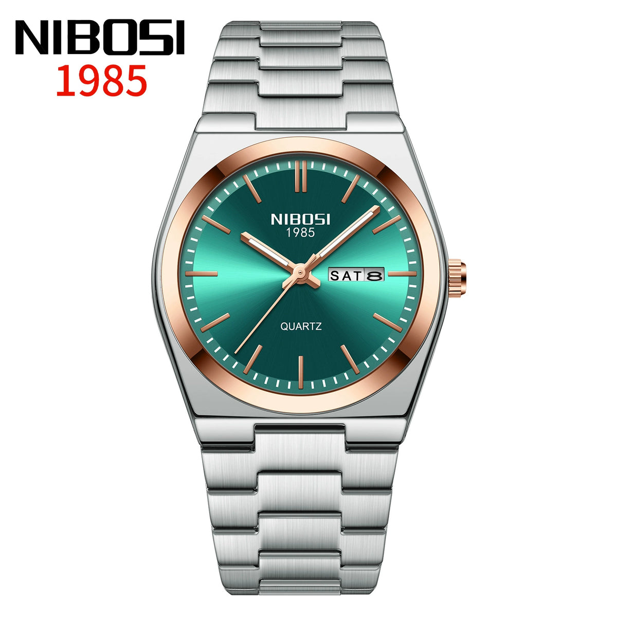 NIBOSI 1985 — Stainless Steel, Blue Sunray Dial, Day-Date & Steel Bracelet, Men