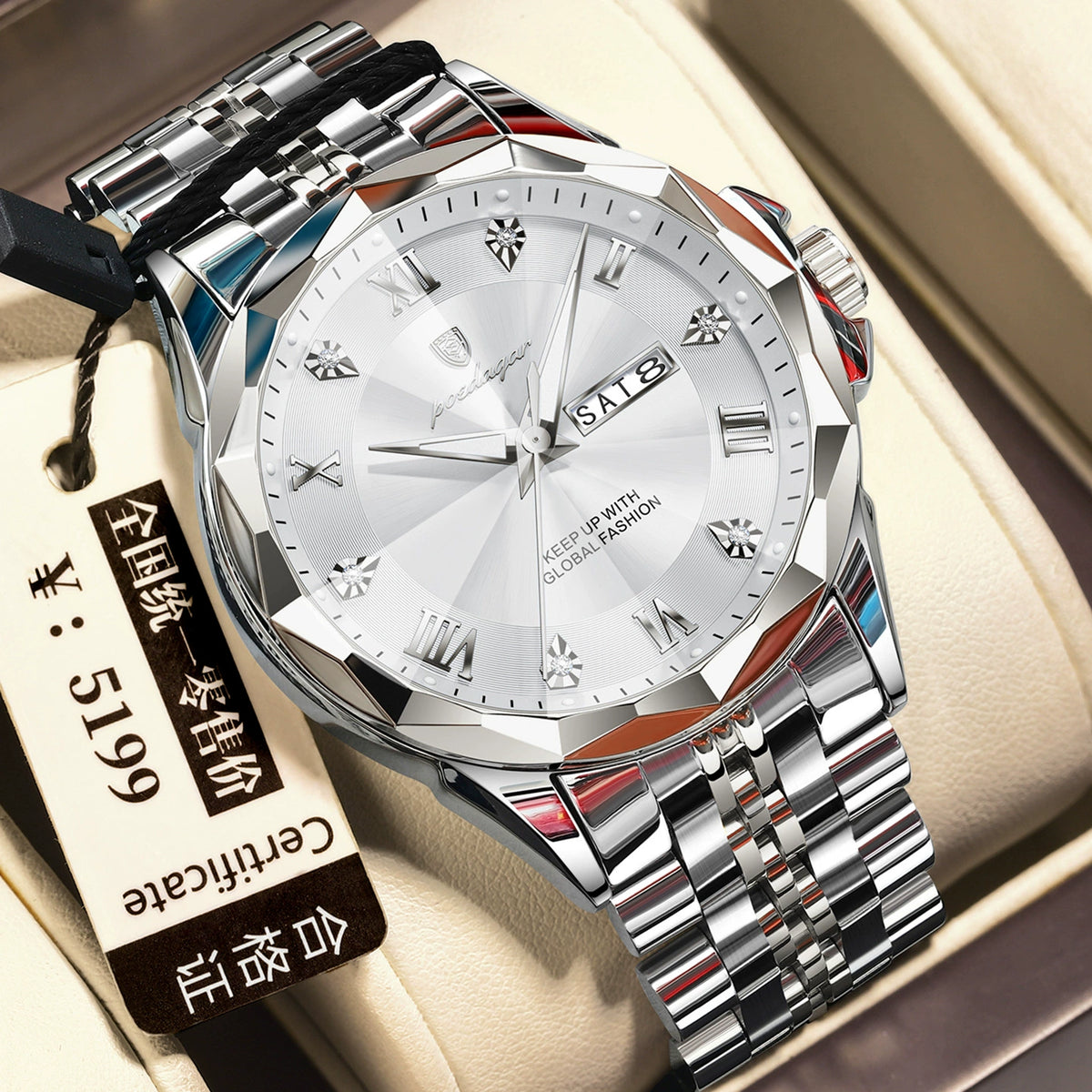 Poedagar — Stainless Steel, White Dial, Day-Date & Steel Bracelet, Men